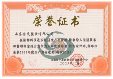 省級生產(chǎn)力促進獎榮譽證書2006.12